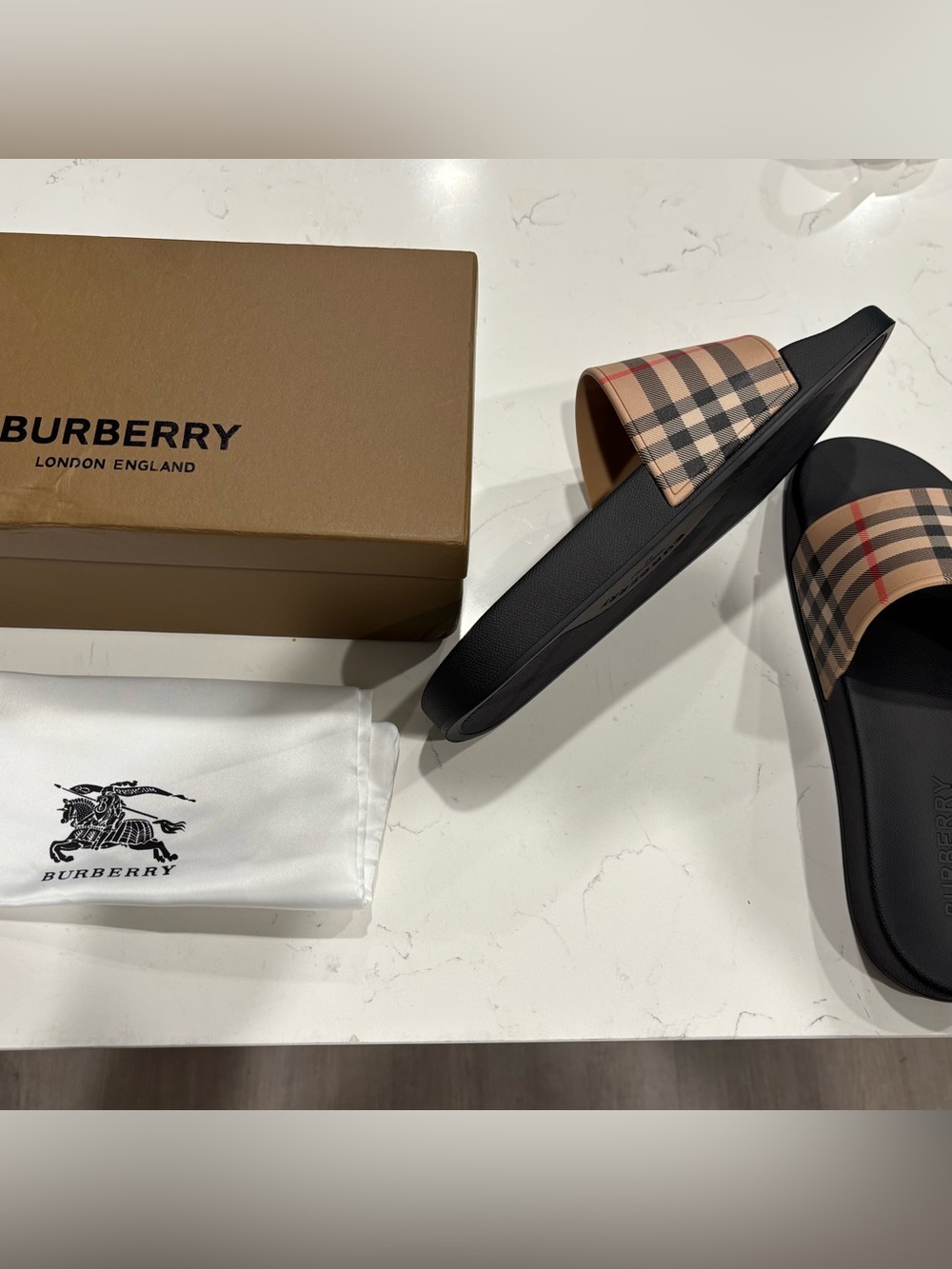 Burberry Black Slide Sandals with Beige Nova Check Strap - Picture 2 of 2